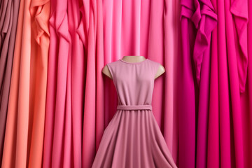 A mannequin with a pink dress on it and a pink curtain behind it Generative AI