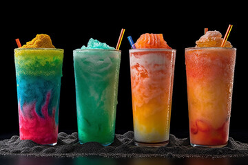 A row of rainbow colored ice creams are lined up on a black table. AI generation