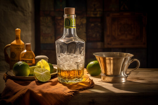 A bottle of rum with a bottle of rum and limes on a table. AI generation
