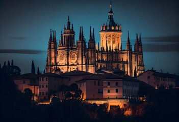 Evening view of the Cathedral of Santa Maria in Segovia, Castilla y Leon, Spain , .highly detailed,   cinematic shot   photo taken by sony   incredibly detailed, sharpen details   highly realistic   p - obrazy, fototapety, plakaty