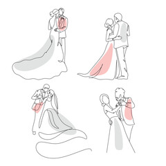 Wedding line art illustrations set. Single one line drawing happy cute married man and woman. Bridal an groom. Modern graphic design concepts, simple outline elements collection. Vector line icons