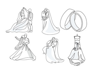 Wedding line art illustrations set. Single one line drawing happy cute married man and woman. Bridal an groom. Modern graphic design concepts, simple outline elements collection. Vector line icons