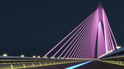 3D model background of modern city architecture with color neon lights at night. Contemporary bridge