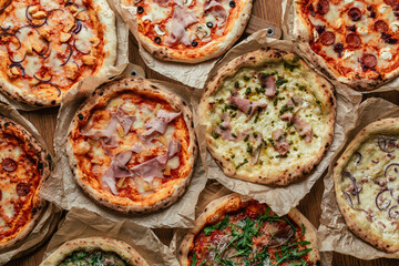Fototapeta na wymiar Set of pizzas on a wooden board.