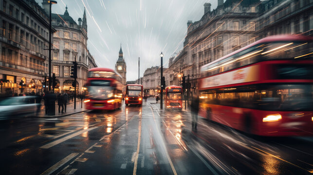 London streetscape on a rainy day. Generative AI