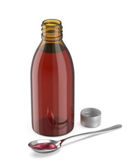 Open glass bottle and spoon with cough medicine syrup