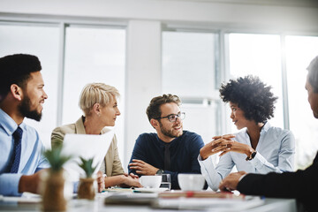 Business people, meeting and planning with company contract and deal with conversation. Staff,...