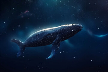 Fototapeta premium Big whale is floating in starry night sky in abstract dreamy mood generative ai