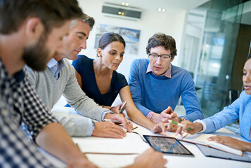 Planning, teamwork and tablet with business people in meeting for idea, project management and...