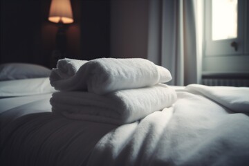 Fototapeta na wymiar bed home resort fresh luxury service room white towel hotel. Generative AI.