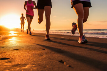 Close up legs runner group running on sunrise seaside trail. AI generative