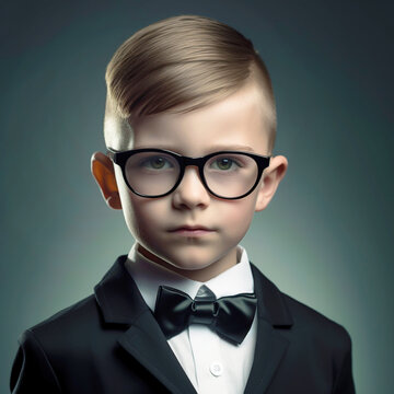 little businessman, cool boy, dressed in a suit, bow tie and glasses, handsome schoolboy,  generative ai
