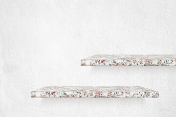two terrazzo shelf on grunge white concrete wall for exterior or interior and display show...
