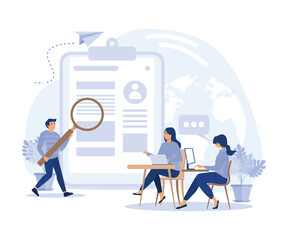  job application concept, Job interview, HR managers looking at curriculum vitae of job seeker, flat vector modern illustration