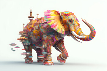  a colorful and decorative figurine of an elephant isolated in white, a religious and mythological creature's appearance. 