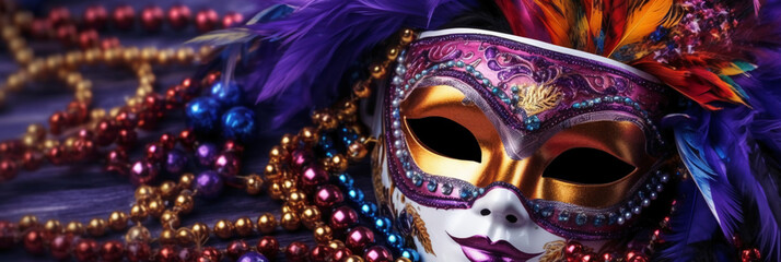 Venetian carnival mask and beads decoration. Mardi gras background. AI generative - obrazy, fototapety, plakaty