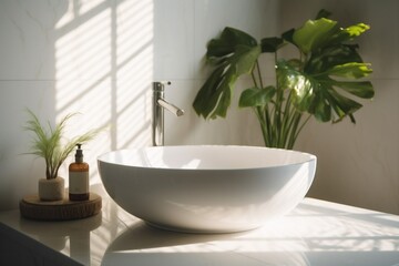 home green white leaf mirror tropical design bathroom clean sink interior. Generative AI.
