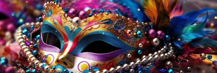 Zelfklevend Fotobehang Venetian carnival mask and beads decoration. Mardi gras background. AI generative © SANGHYUN