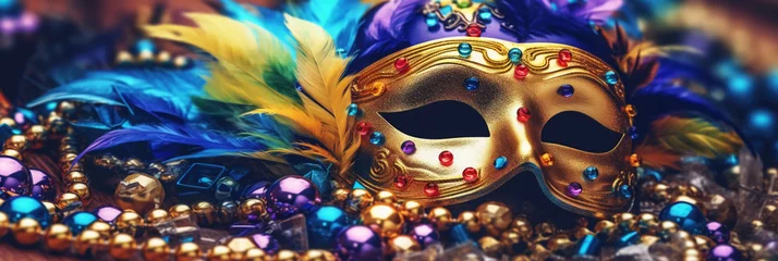 Poster Venetian carnival mask and beads decoration. Mardi gras background. AI generative © SANGHYUN