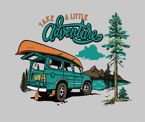 mountain lake adventure vector illustration, boat on car, outdoor camping graphic print, mountain camping print for t shirt, sticker, poster