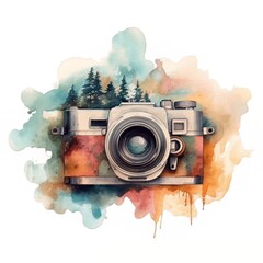 Watercolor Double Exposure Retro Camera With Forest Silhouette, National Photography Day Concept made with Generative AI
