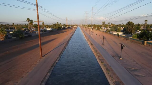 Aerial View Over Water Canal. Chandler, Arizona 4K