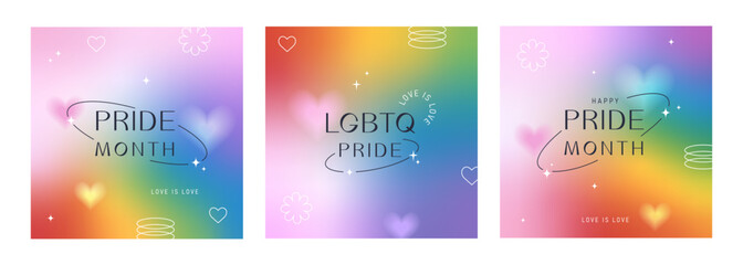 Pride Month, banner, set greeting card, poster, cover set. LGBT colorful rainbow concept. Trendy minimalist aesthetic with blurred gradients, geometric shapes, typography, y2k backgrounds. 