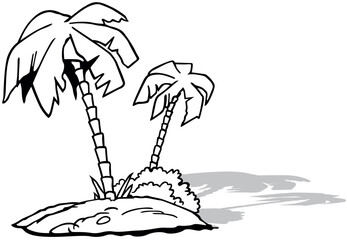 Drawing of a Small Island with Coconut Trees and Vegetation - 600704638