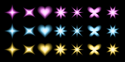 Set of shiny vector objects, design elements, star and heart symbols, y2k aesthetic decorations.