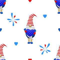 United States Independence Day gnome striped hat seamless pattern. 4th of July national USA flag holiday festive advertising party clothes fabric design. Scandinavian character in patriotic symbolics.