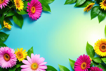 olorful Summer flowers frame background top view