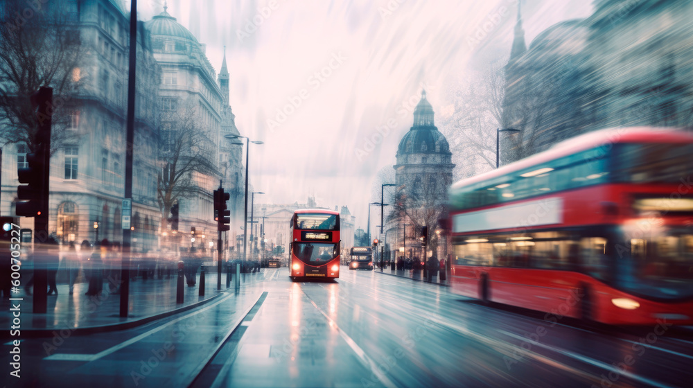 Wall mural double decker bus in the streets of london on a rainy day. generative ai