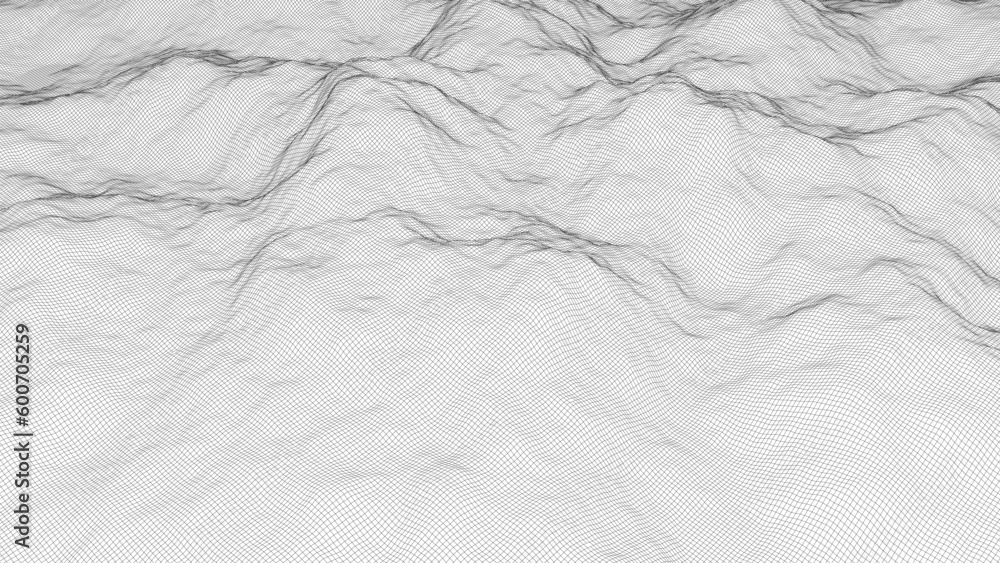 Poster vector wireframe 3d landscape. technology grid illustration. network of connected dots and lines. fu