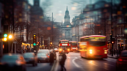 Fototapeta na wymiar Double decker bus in the streets of London on a rainy day. Generative AI