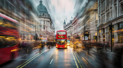 Double decker bus in the streets of London on a rainy day. Generative AI - obrazy, fototapety, plakaty