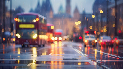 Fototapeta na wymiar Double decker bus in the streets of London on a rainy day. Generative AI