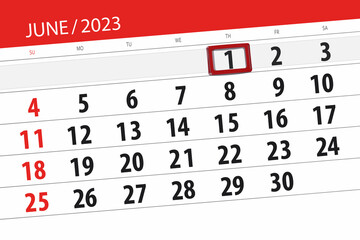 Calendar 2023, deadline, day, month, page, organizer, date, June, thursday, number 1