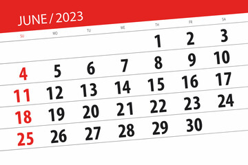 Fototapeta premium Calendar 2023, deadline, day, month, page, organizer, date, June
