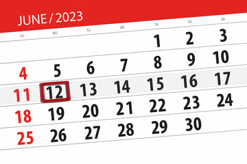 Calendar 2023, deadline, day, month, page, organizer, date, June, monday, number 12