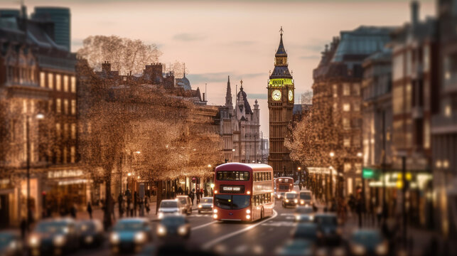 Double decker bus in the streets of London on a rainy day. Generative AI