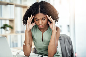 Stress, anxiety or black woman in office with headache pain from job pressure or burnout fatigue in company. Bad migraine problem, business or tired girl employee depressed or frustrated by deadline