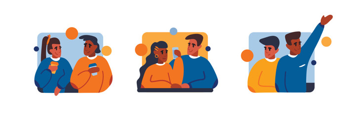 Set of vector illustrations about friendship. Boys and girls spend time together