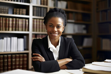 A smiling woman sitting behind a desk looking at documents. AI generativ.