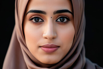 Fototapeta premium Generative AI illustration of a Crop portrait of young Muslim female in hijab looking at camera with blank expression