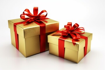 Obraz premium Gold gift boxes red ribbon. Generate Ai