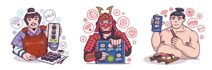 Cartoon illustrations set of online delivery of asian food