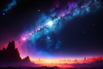 Fototapeta na wymiar Science Fiction Landscape and Sky. Science-fiction illustration of a fantasy outer space planet landscape, with vibrant colors at the horizon and galaxy sky. Generative-AI.