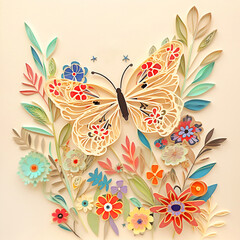 Butterfly with flowers and leaves. Paper cut style illustration. Generative AI