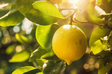 Bathed in sunlight, a lemon tree flourishes in a vibrant garden, showcasing its bright yellow fruits and lush green leaves. Healthy lifestyle and nutrition. Source of vitamin C and zinc. Generative AI