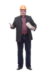 business man architect with drawings. isolated on a white